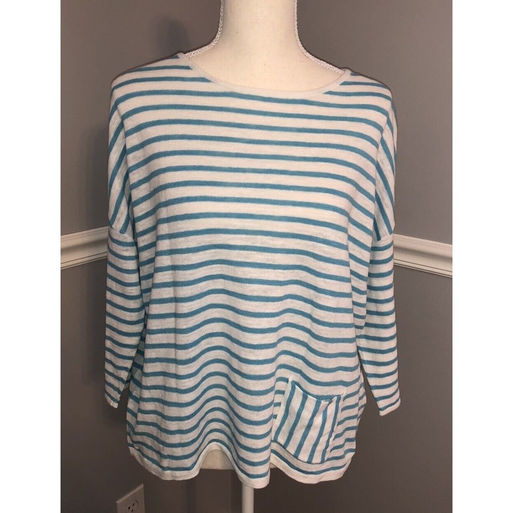 New J Jill Sweater Women's Size Med Petite Striped blue half‎ sleeve